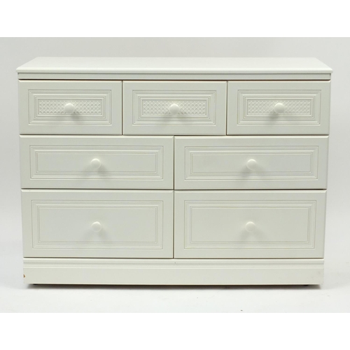 2032 - Cream painted seven drawer chest, 85cm H x 115cm W x 41cm D