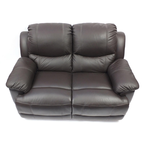 2012 - Brown leather manual reclining two seater settee, 155cm wide