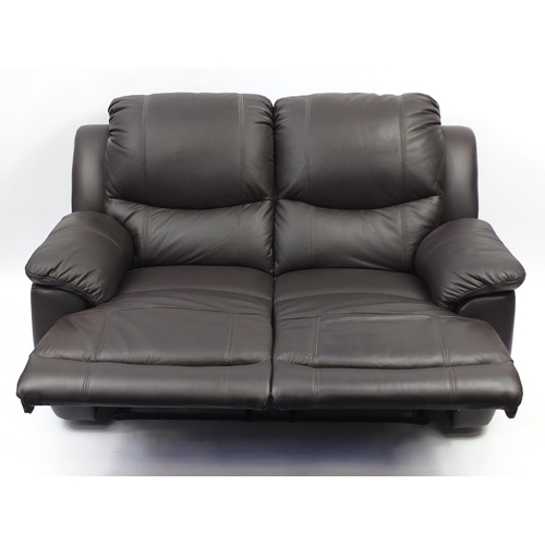 2012 - Brown leather manual reclining two seater settee, 155cm wide