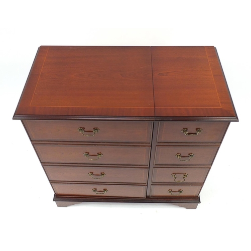 2106 - Inlaid mahogany side cabinet fitted with two cupboard doors, 88cm H x 85cm W x 44cm D