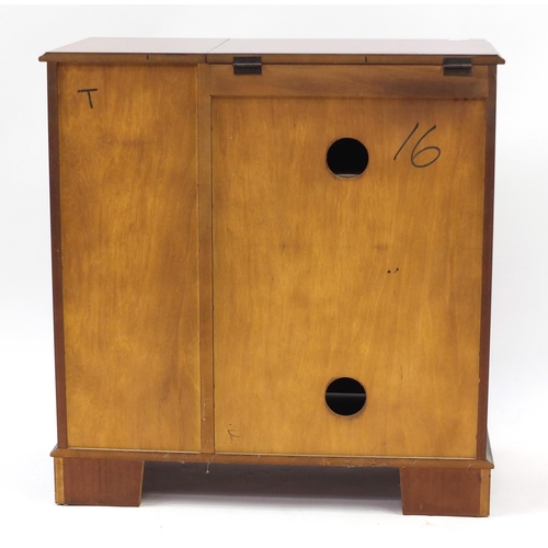 2106 - Inlaid mahogany side cabinet fitted with two cupboard doors, 88cm H x 85cm W x 44cm D