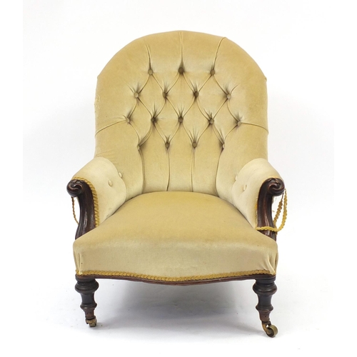 2087 - Victorian mahogany framed bedroom chair with green button back upholstery, 79cm high