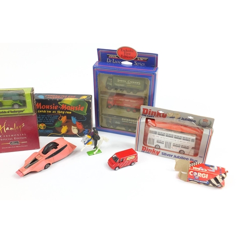 2351 - Mostly vintage toys including a tinplate army staff car, Dinky Silver Jubilee bus, Dinky Pink Panthe... 