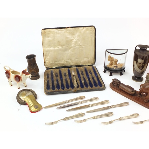 2545 - Miscellaneous items including silver plated cutlery, Arts & Crafts pewter jug, and carved wood eleph... 