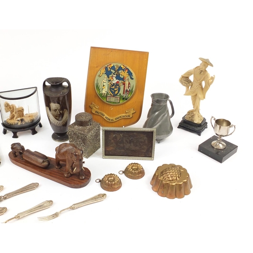 2545 - Miscellaneous items including silver plated cutlery, Arts & Crafts pewter jug, and carved wood eleph... 