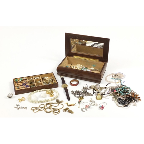 3021 - Costume jewellery including brooches, necklaces, rings and earrings housed in a wooden jewellery box