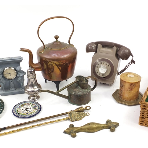 2491 - Metalwares including silver plated cutlery, Victorian copper teapot and a vintage dial telephone