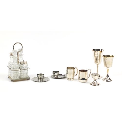 2301 - Silverplate and a silver christening tankard including a four bottle cruet on stand