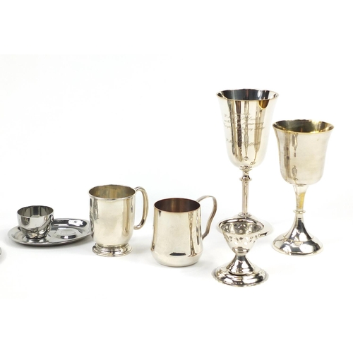 2301 - Silverplate and a silver christening tankard including a four bottle cruet on stand