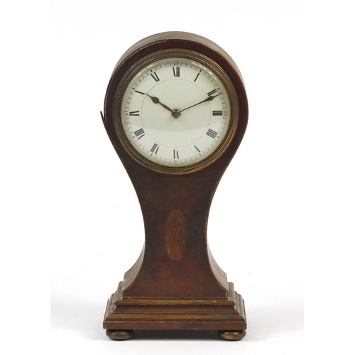 2155 - Edwardian inlaid mahogany balloon shaped mantel clock with enamelled dial, 24cm high