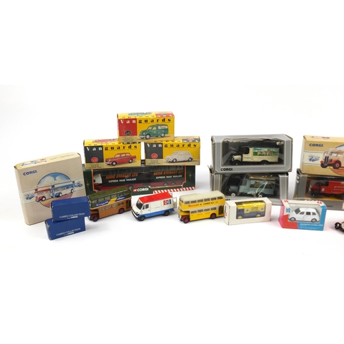 2454 - Corgi and Vanguards die cast vehicles including busses, advertising vehicles and Eddie Stobart, some... 