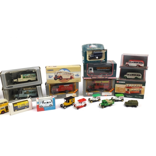 2454 - Corgi and Vanguards die cast vehicles including busses, advertising vehicles and Eddie Stobart, some... 