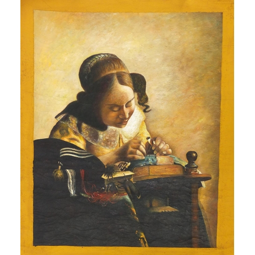 2659 - Female sewing, Old Master style oil on canvas, unframed, 80cm x 67cm