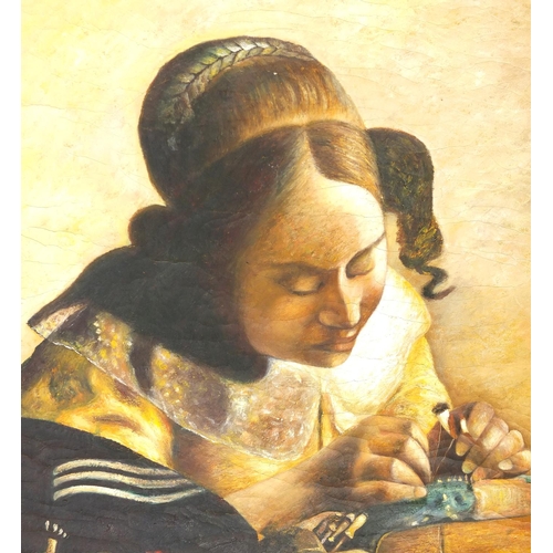 2659 - Female sewing, Old Master style oil on canvas, unframed, 80cm x 67cm