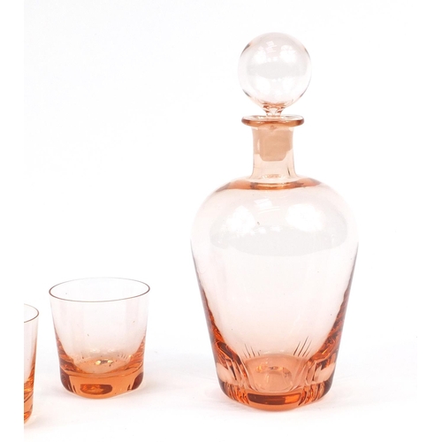 2622 - Art Deco peach glass decanter and five glasses, the decanter 25cm high