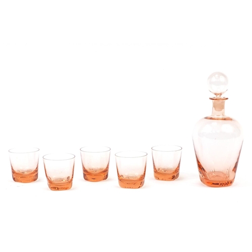 2622 - Art Deco peach glass decanter and five glasses, the decanter 25cm high