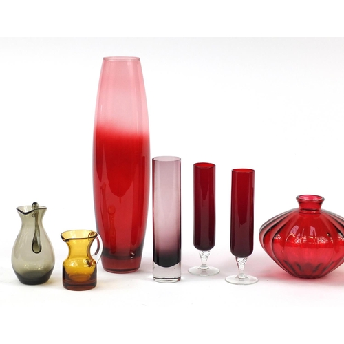 2575 - Colourful glassware including Whitefriars style jug, the largest 40cm high