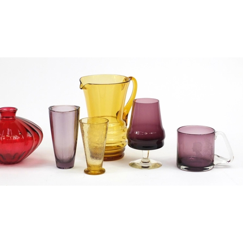 2575 - Colourful glassware including Whitefriars style jug, the largest 40cm high