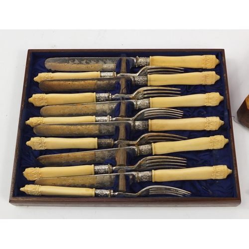 2308 - Victorian mahogany canteen of silver plated knives and forks with ivory handles together with a silv... 