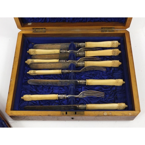 2308 - Victorian mahogany canteen of silver plated knives and forks with ivory handles together with a silv... 