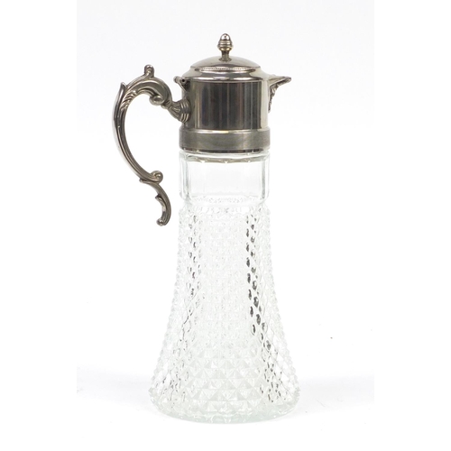 2163 - Cut glass claret jug with silver plated lid and handle, 35cm high