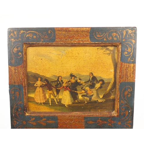 2305 - Miniature gilt painted mirror decorated with dancing figures, 38cm x 17.5cm