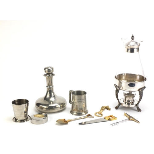 2356 - Silverplate including novelty corkscrews, bottle openers, Tudor Sheffield Rose pewter decanter and p... 