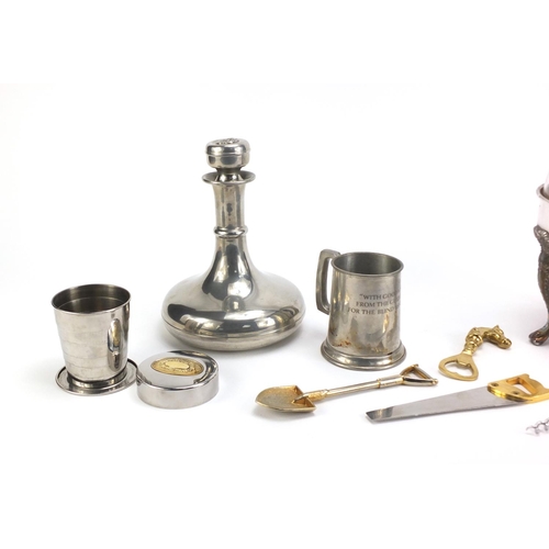 2356 - Silverplate including novelty corkscrews, bottle openers, Tudor Sheffield Rose pewter decanter and p... 