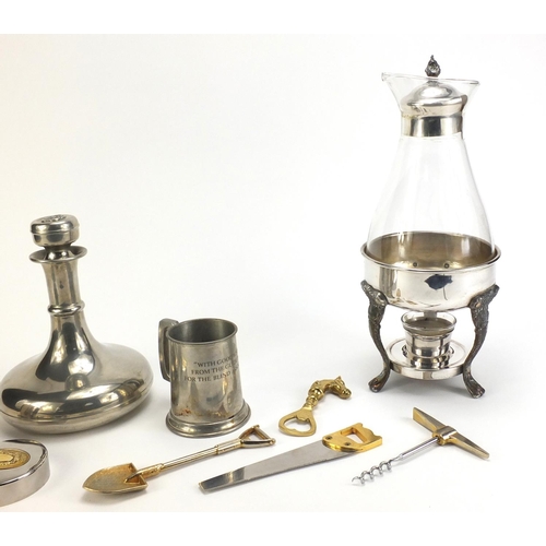 2356 - Silverplate including novelty corkscrews, bottle openers, Tudor Sheffield Rose pewter decanter and p... 