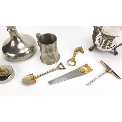 2356 - Silverplate including novelty corkscrews, bottle openers, Tudor Sheffield Rose pewter decanter and p... 