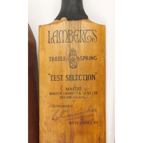 2480 - Vintage Lambert's test selection cricket bat, stumps, bails and a ball with case