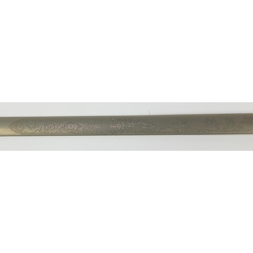 2909 - Masonic interest Wilkinson ceremonial sword with engraved steel blade, 89.5cm in length