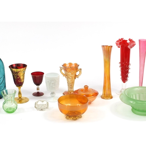 2465 - Art glassware including Carnival glass and Bohemian gilded goblet