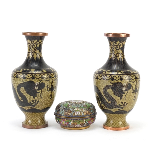 82 - Pair of Chinese cloisonne vases enamelled with dragons and box and cover enamelled with flowers, the... 