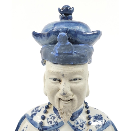 2640 - Large Chinese blue and white porcelain figure of an Emporer, 57cm high