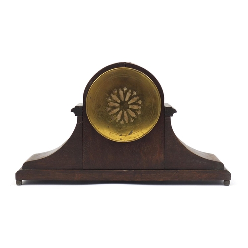 2211 - Oak cased Napoleon hat shaped mantel clock with enamelled dial and Arabic numerals, 51.5cm wide