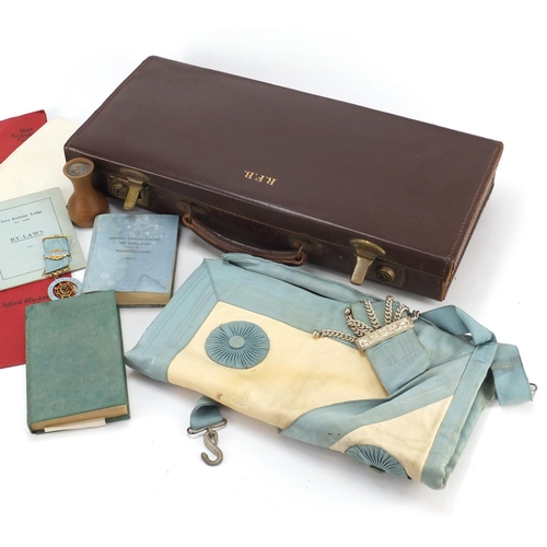 2899 - Masonic regalia including apron housed in a brown leather case