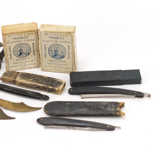 2957 - Objects including military interest trench art, letter openers, cut throat razors and playing cards