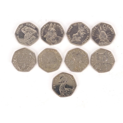 2870 - Nine Beatrix Potter fifty pence pieces