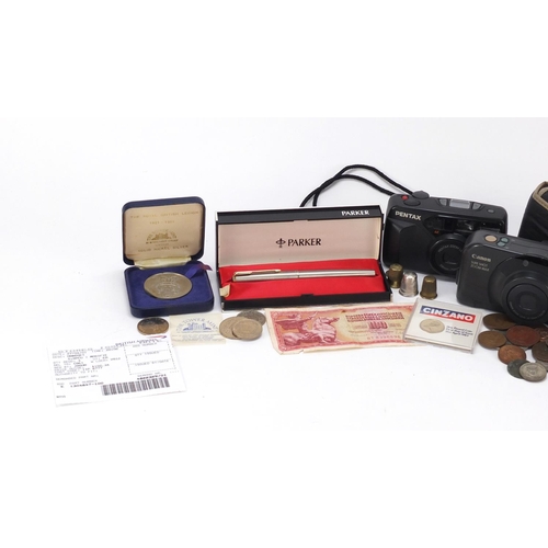 2357 - Sundry items including cameras, Parker pen and silver coins