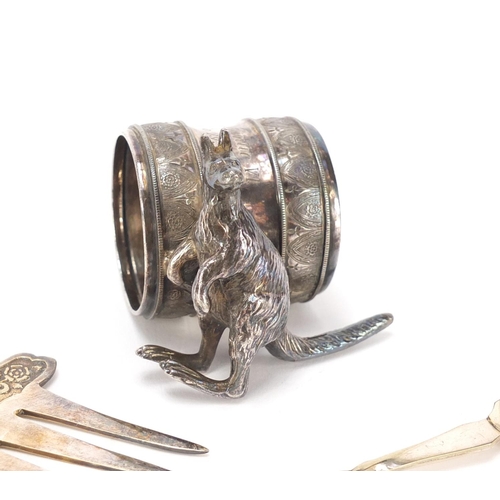 2800 - Silver and silver plate including silver teaspoon and kangaroo design napkin ring