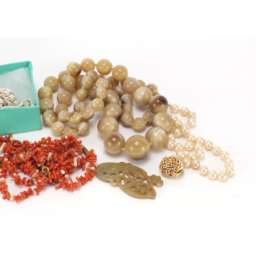 2783 - Costume jewellery including horn beaded necklace, coral necklace and Lande Arts brooch