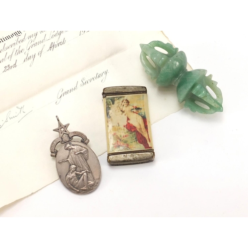 2832 - Objects comprising a vesta, masonic silver jewel and jade carving