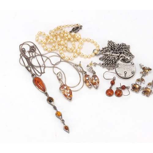 2828 - Costume jewellery including silver and natural amber necklace and earrings