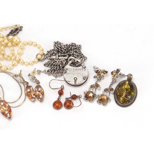 2828 - Costume jewellery including silver and natural amber necklace and earrings