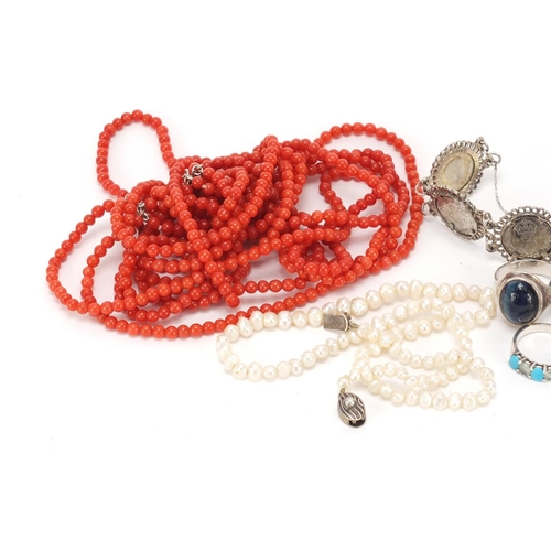 2825 - Costume jewellery including silver rings, coral necklace and freshwater pearls