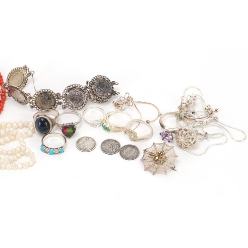 2825 - Costume jewellery including silver rings, coral necklace and freshwater pearls