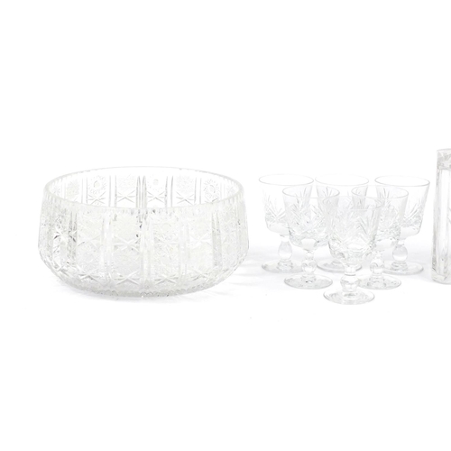 2558 - Cut crystal and glassware including a Bohemian red flashed decanter, set of six Thomas Webb glasses ... 