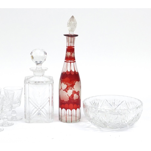 2558 - Cut crystal and glassware including a Bohemian red flashed decanter, set of six Thomas Webb glasses ... 