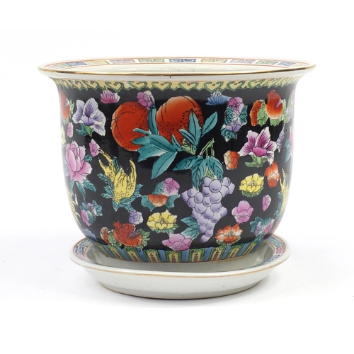 2563 - Chinese porcelain jardiniere on stand, hand painted with flowers, 25cm high x 31cm in diameter